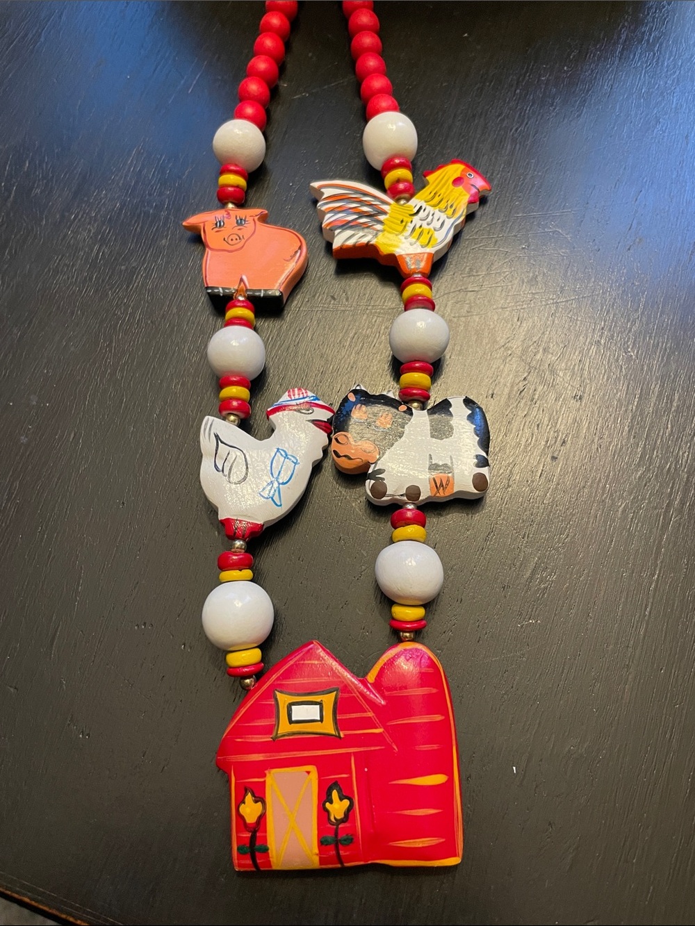 Vintage Hand Painted Wooden Necklace Barn/Farm Animals Teacher
